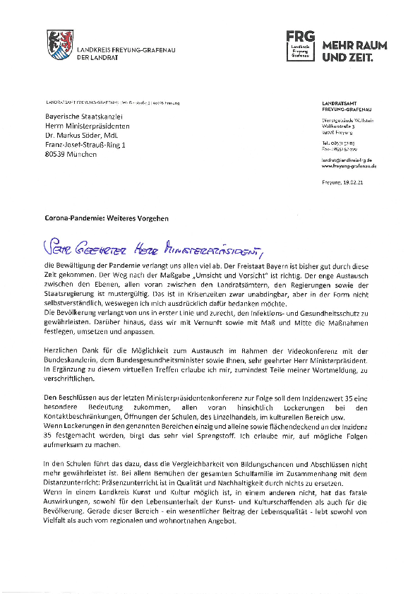 Schreiben von Landrat Gruber an den Ministerpräsitent Söder